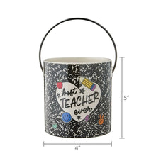 Ceramic teacher pail, 4 in. wide and 5 in. tall, black speckled with 'best teacher ever'