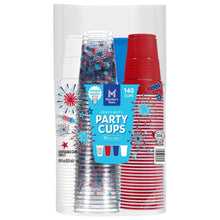 Patriotic plastic cups set: red, blue, silver, with star and fireworks designs