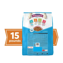 Purina Puppy Chow dry dog food bag back, 15 pounds panel with kibble