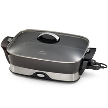 Black electric nonstick skillet with tempered glass lid and side handles