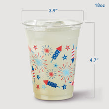 Patriotic plastic party cup with blue, red, and star fireworks pattern