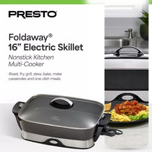 Foldaway 16-inch electric skillet with tempered glass lid and black base