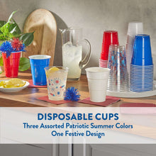 Patriotic plastic cups display with solid red, blue, white, and star-spangled designs