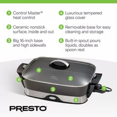 Presto Electric Skillet with Tempered Glass Lid, Nonstick Foldaway Kitchen Appliance, Electric Pot for Cooking, 16 Inch, Black