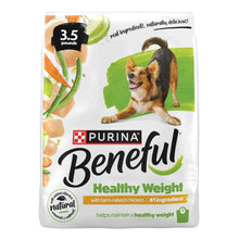 Dog food bag showing Purina Beneful Healthy Weight branding and chicken graphics