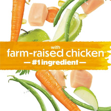 Dog food graphic strip stating with farm-raised chicken and #1 ingredient