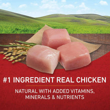 Real chicken pieces for dog food, showing #1 ingredient real chicken text