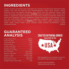 Dog food ingredients and guaranteed analysis panel with USA crafted text