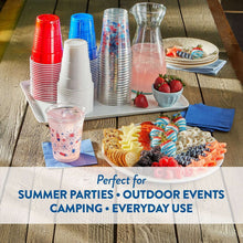 Assorted patriotic plastic cups: red, blue, white, and silver with starburst prints