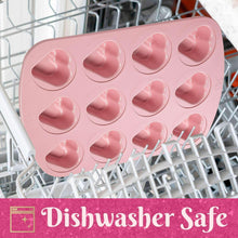 Pink mini heart baking pan with 12 cavities in a dishwasher rack