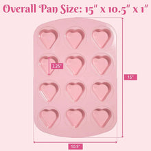 Pink mini heart baking pan with 12 cavities, shown with size measurements