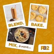PB2 label cards showing blend, bake, and mix & more with food images