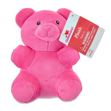 Pink gummy bear plush toy with hanging warning tag