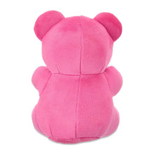 Pink gummy bear plush toy, back view with centered seam