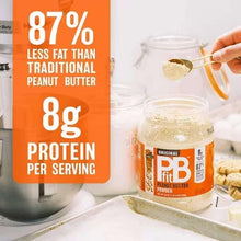Peanut butter powder jar with callouts for 87% less fat and 8g protein