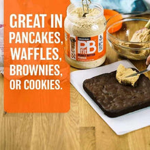 Peanut butter powder jar near baked treats; text says great in pancakes or brownies