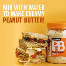 Peanut butter powder jar with bread slices; text says mix with water