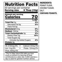 Nutrition facts panel for peanut butter powder with calories and ingredients list