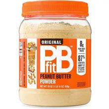 Peanut butter powder jar with orange cap and original label on the front