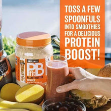 Peanut butter powder jar beside a smoothie cup for a protein boost