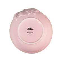 Pink ceramic serving bowl bottom with heart 'celebrate!' logo