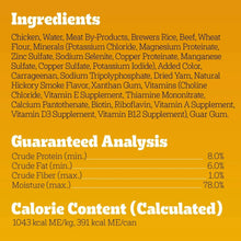 Wet dog food can label showing ingredients and guaranteed analysis close-up.