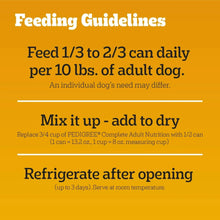 Feeding guidelines for wet dog food: 1/3 to 2/3 can daily; refrigerate after opening