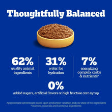 Wet dog food bowl with balanced nutrition stats: 31% water, 7% energy