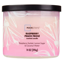 Raspberry peach frose scented candle in pink ombre jar with black lid, 3-wick
