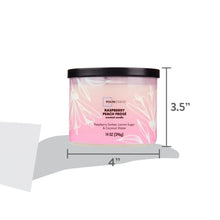 Raspberry peach frose candle size diagram: 4 in wide, 3.5 in tall