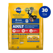 Pedigree adult dry dog food bag, 30 lb, back panel with feeding and nutrition details