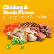 Chicken and steak flavor dry dog food graphic with tender bites and meat pieces