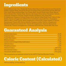 Dry dog food ingredients and guaranteed analysis information panel