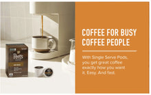 Peet's Coffee single-serve pods box beside brewed coffee and mug