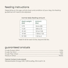 Feeding instructions and guaranteed analysis chart for dog food