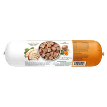 Dog food roll package end with diced meat pieces and nutrition label