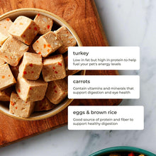 Turkey dog food cubes in a bowl with ingredient callouts