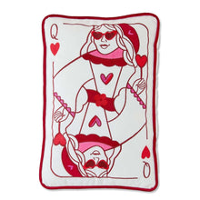 Red and white decorative throw pillow with card-queen and king hearts illustration