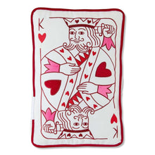 Red and white decorative pillow with card king portrait and heart pattern