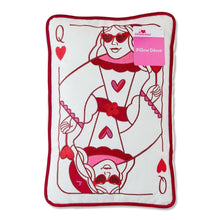 Red and white decorative pillow with queen-and-king playing card hearts illustration