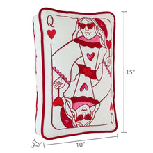 Red and white decorative pillow with queen and king playing card hearts design