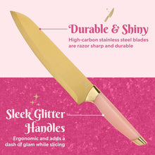 Pink handled stainless steel chef knife with gold bolster, polished blade