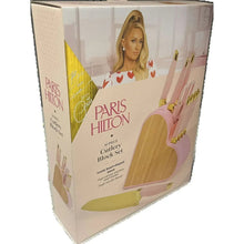Heart-shaped knife block set packaging showing wooden block with pink handled knives