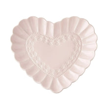 Heart appetizer plate, pale white with scalloped edge and lace heart motif