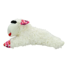 White plush lamb dog toy lying down with red heart-pattern feet and bow, medium