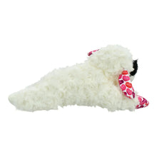 White plush lamb dog toy with red heart-pattern bow and black ear accents, medium