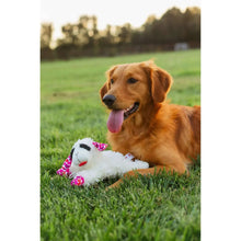 White plush lamb dog toy held in a golden retriever’s mouth, red heart bow