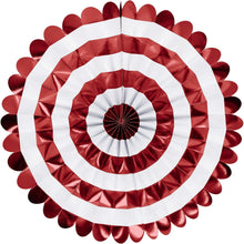 Red and white striped circular paper fan with scalloped edges
