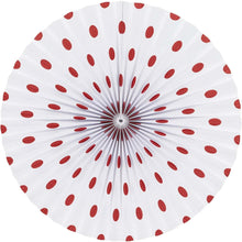 White circular paper fan with red polka dots