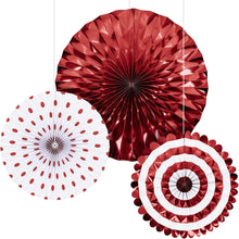 Red metallic paper fan with circular pleats, with white polka-dot and striped fans
